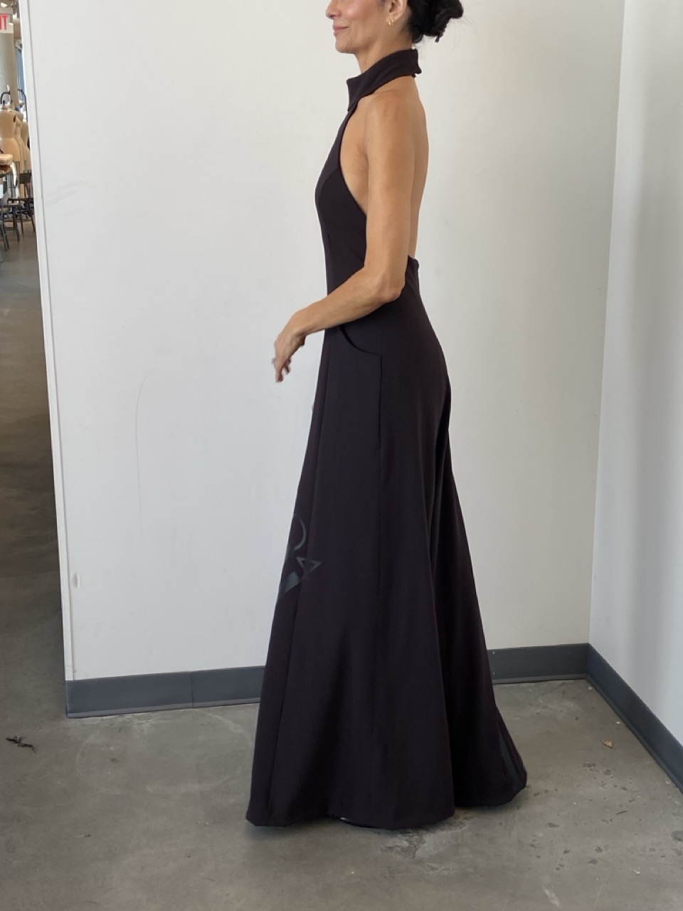 Studio fitting: halter maxi gown, side view